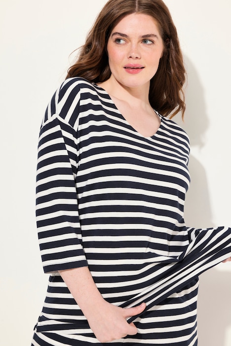 Pyjama-Shirt, Ringel, V-Ausschnitt, 3/4-Arm, Biobaumwolle