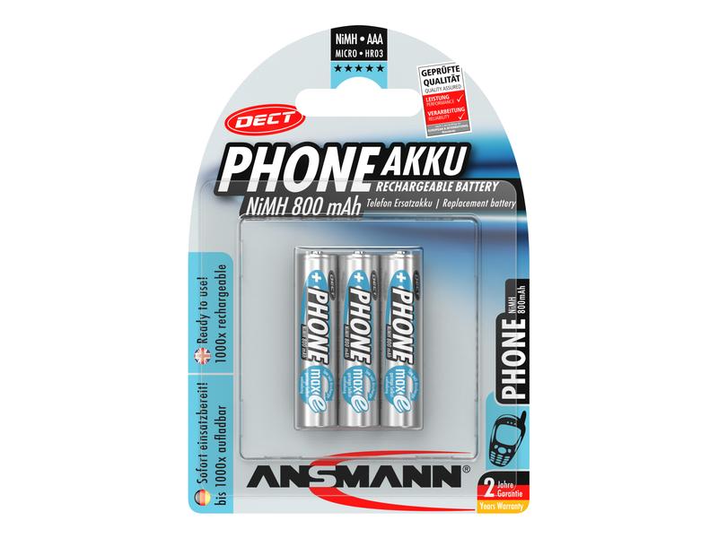 Ansmann Akku Phone NiMH AAA  für DECT-Phones 800 mAh, 3 Stü AAA-Akkus im 3er-Blister