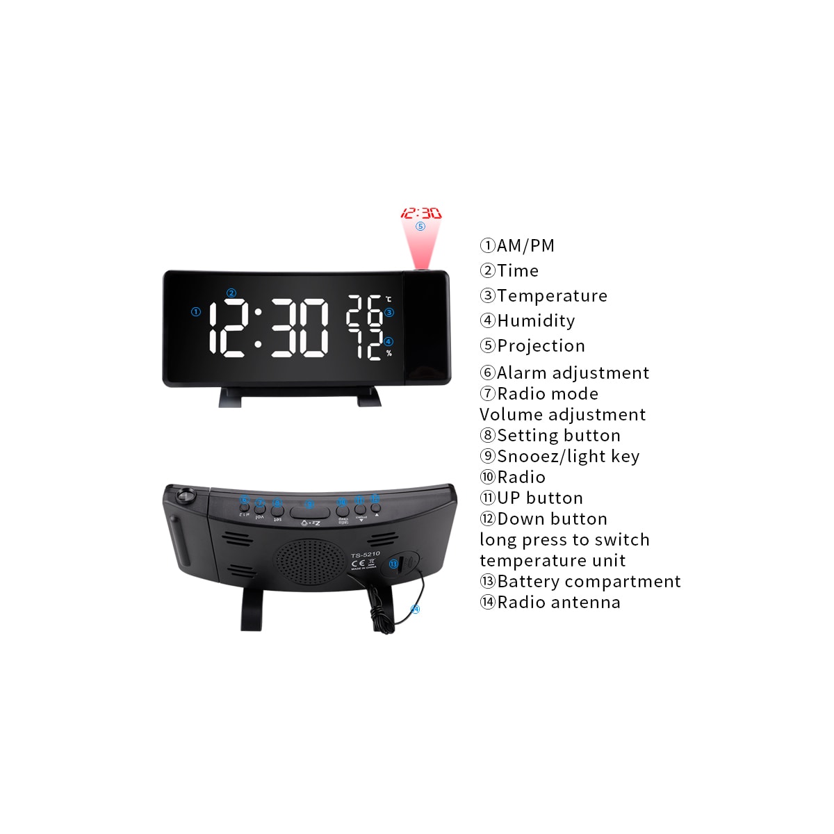 Multifunksjonell LED-projeksjon vekkerklokke / temperatur / fuktighet / snooze