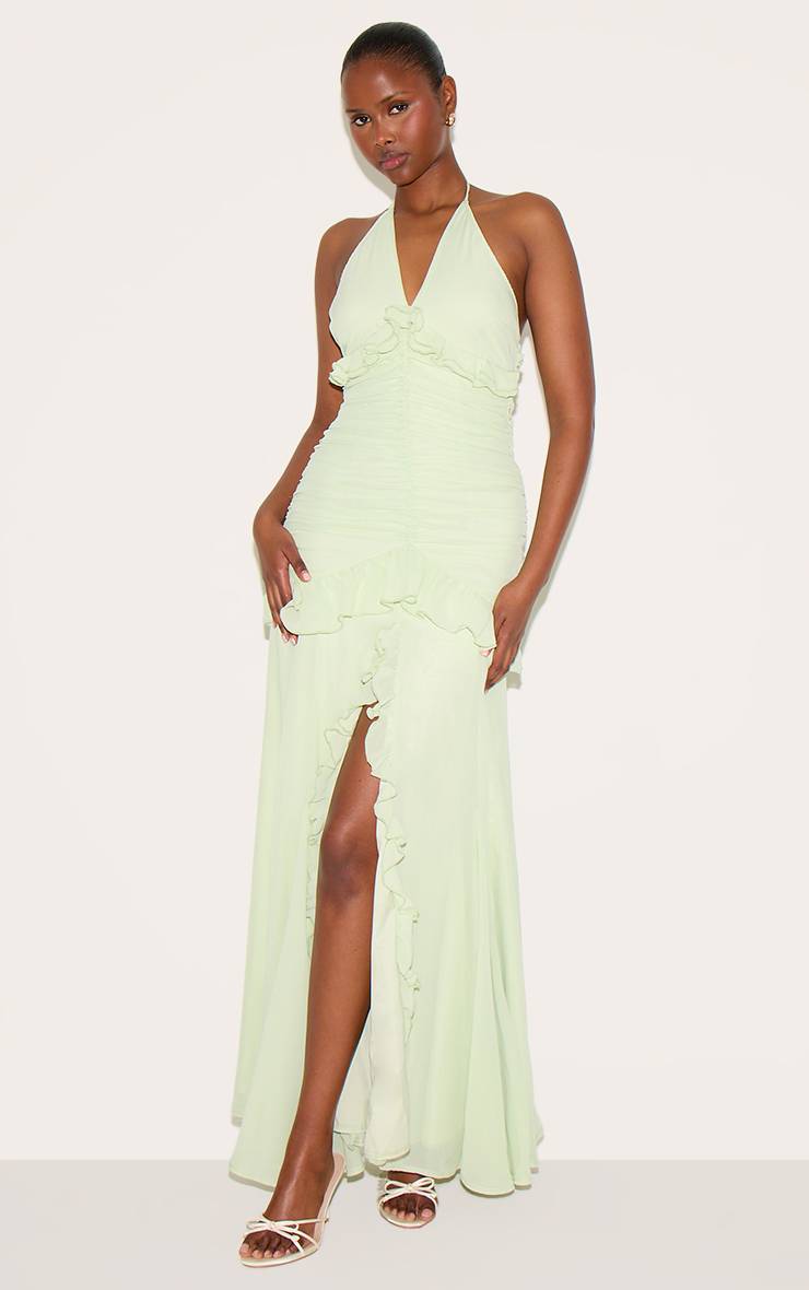 Vert Sauge Robe Longue Froncée À Volants Et Col Licou