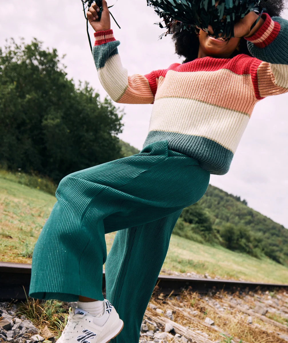PANTALON LARGE FILLE À PAILLETTES VERT PLISSÉ