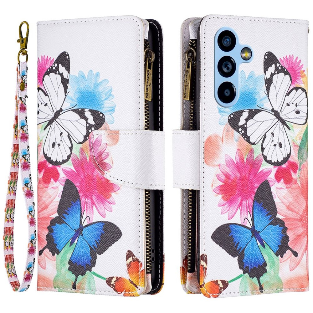 Samsung Galaxy A54 5G Leder Wallet Etui Tasche mit 9 Kartenfächern   Münzfach - Blumen & Schmetterlinge