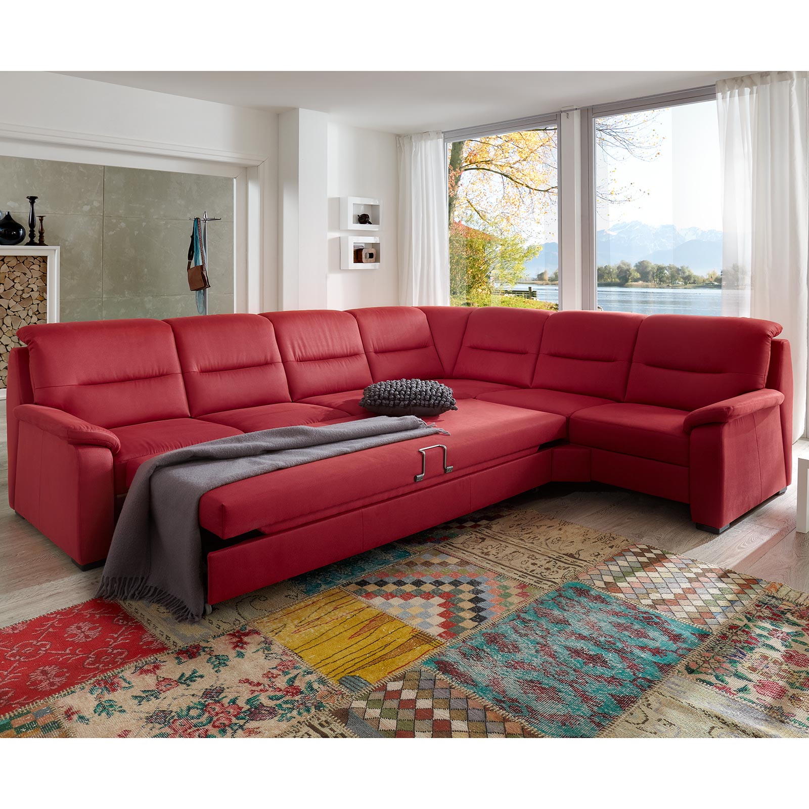 polsterpower Ecksofa - rot - 2-Sitzer rechts - Liegefunktion