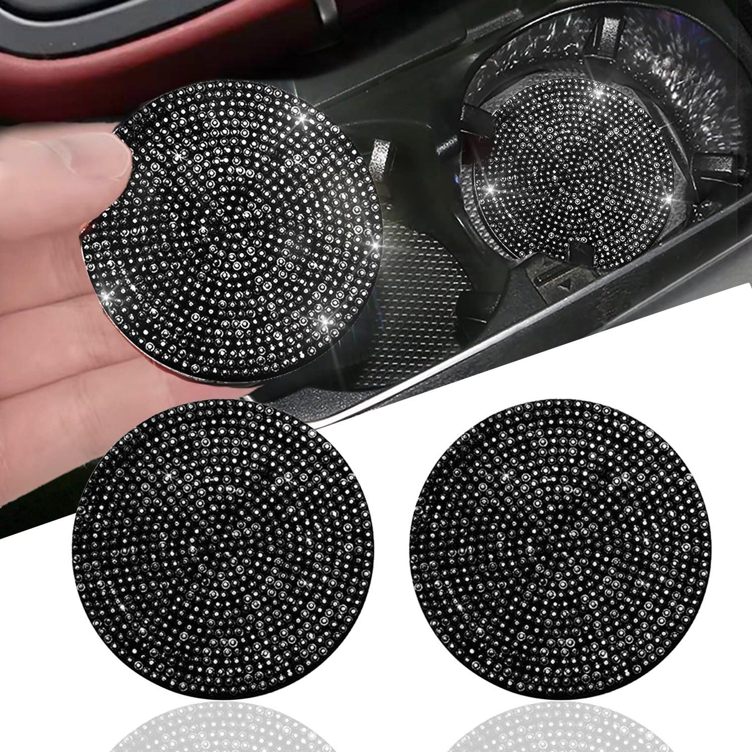 (2er Set) Ø7cm Auto Anti-Rutsch Glitzer Getränke Untersetzer Strassstein Accessoire - Schwarz