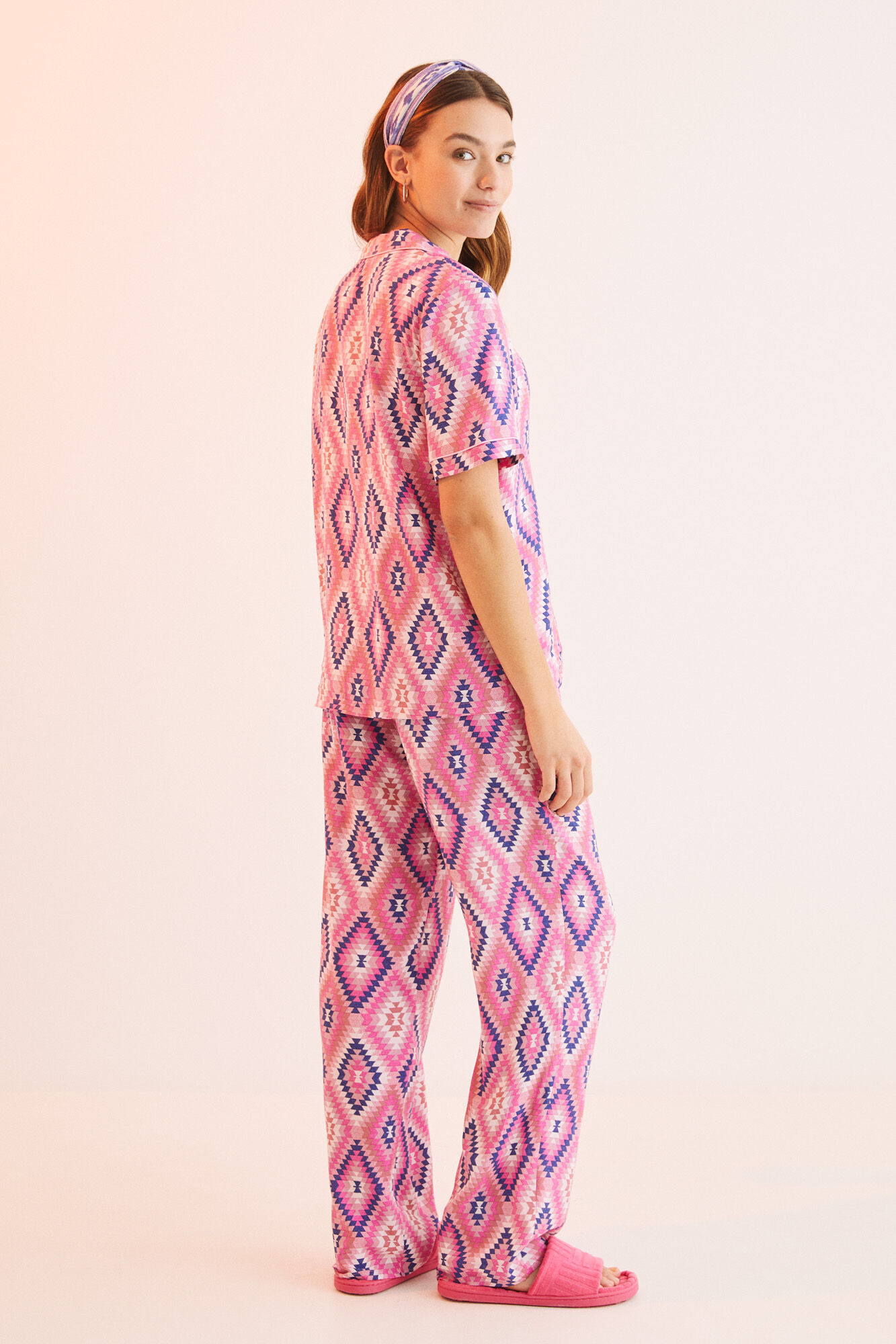 Pijama camisero estampado étnico - rosa
