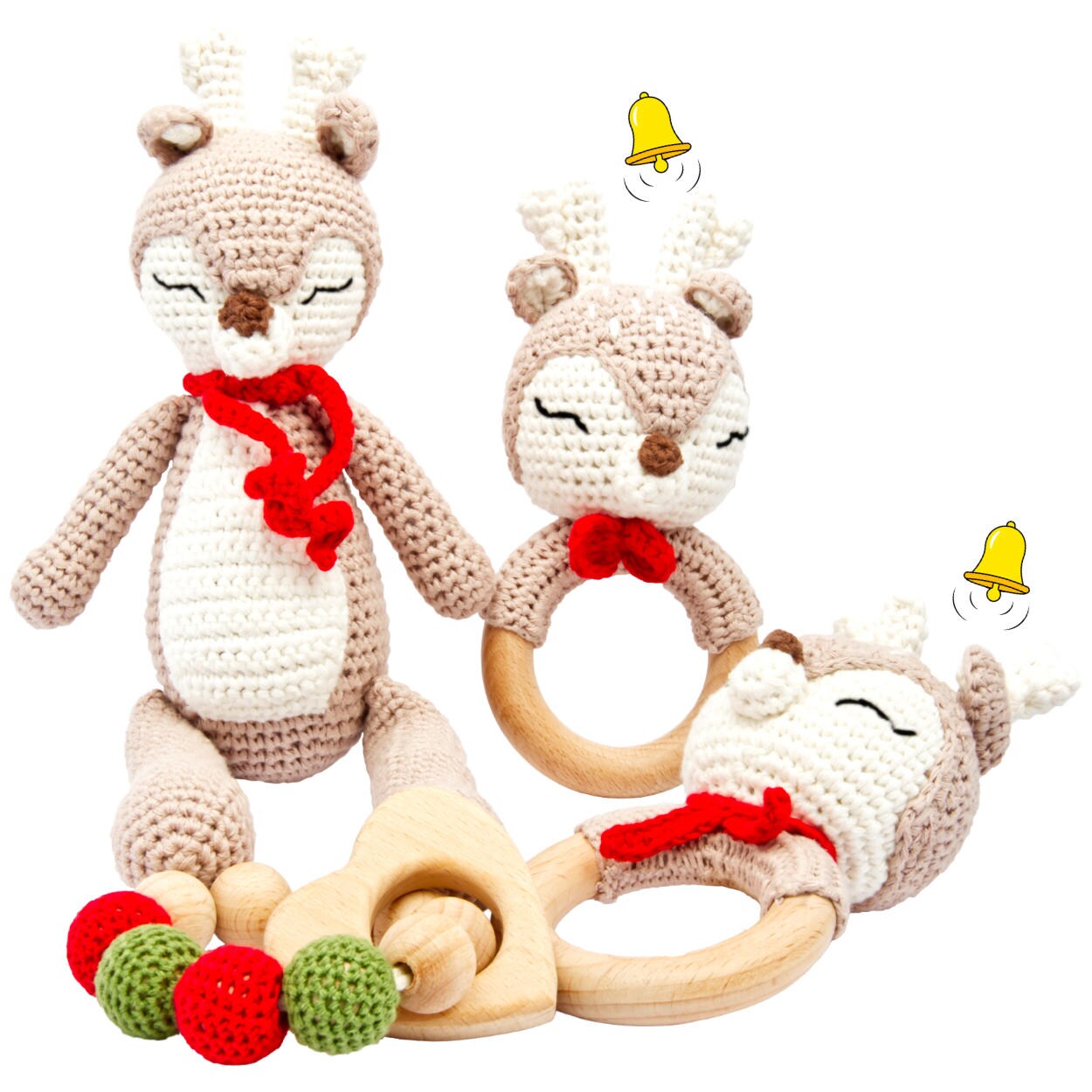 Handgestrickter Reh Ivy Set Babyrassel Holzspielzeug und Baumwolle