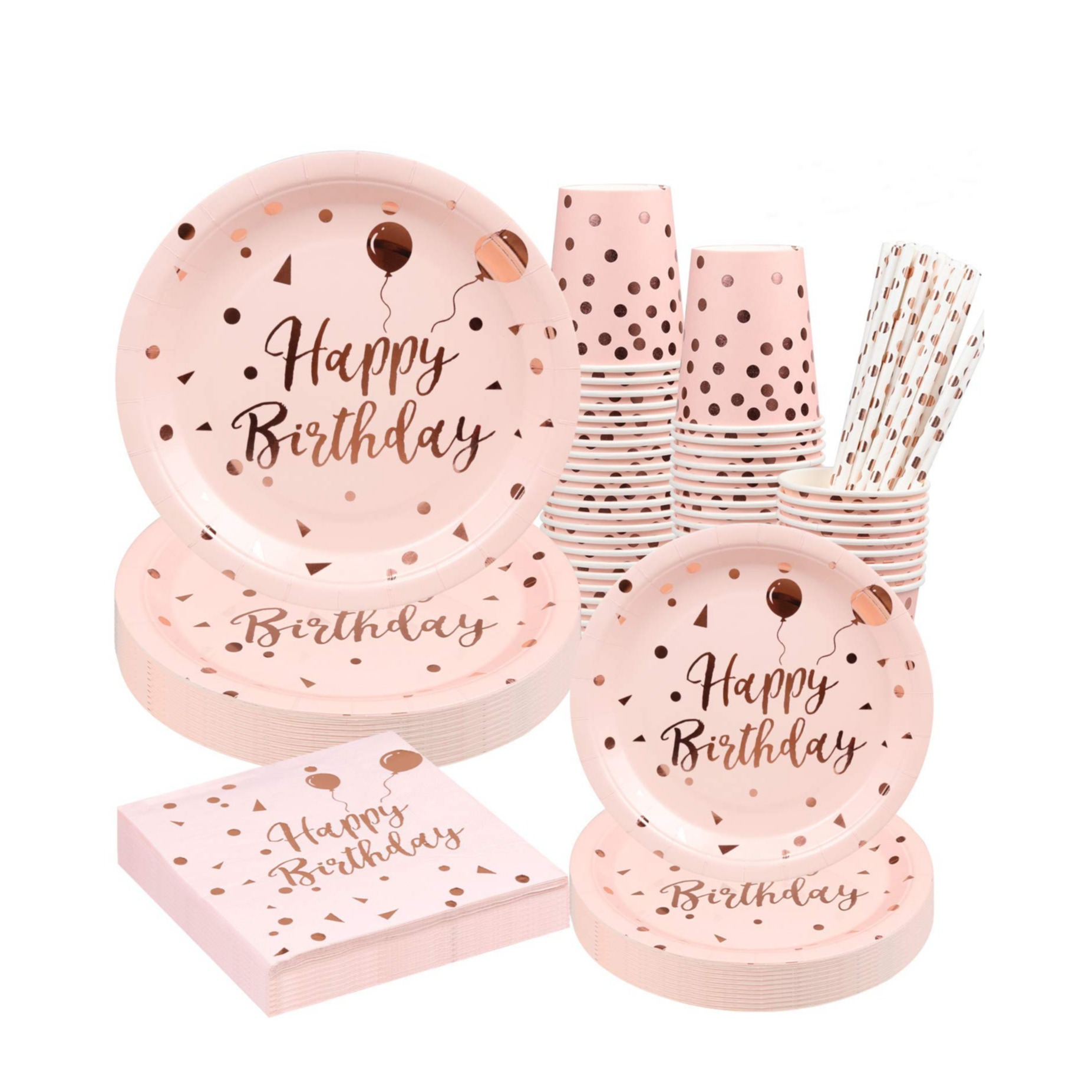 (100-tlg. Set) Happy Birthday Einweg Geschirr Geburtstags Party Tisch Deko inkl. Teller / Strohhalm / Servietten / Papp Becher - Rosa / Roségold