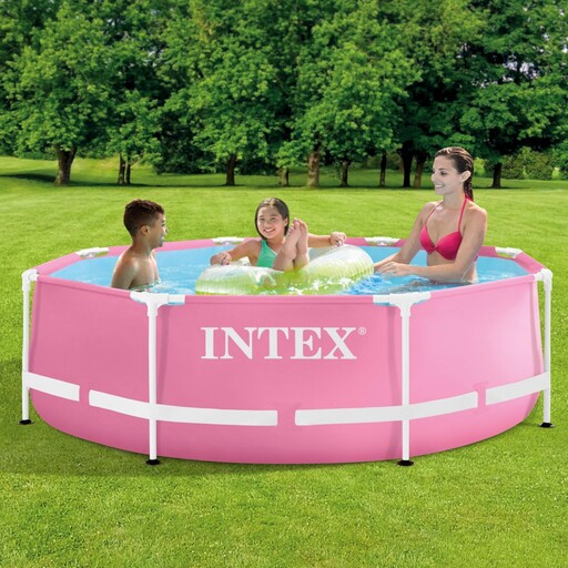 Piscina circular Intex rosa de 2,843 litros com estrutura metálica.