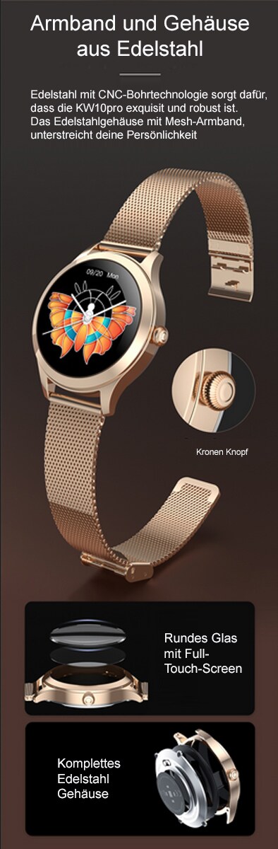 TPFNet Damen Smart Watch / Fitness Tracker IP68 - Milanaise Armband - Android & IOS - Silber