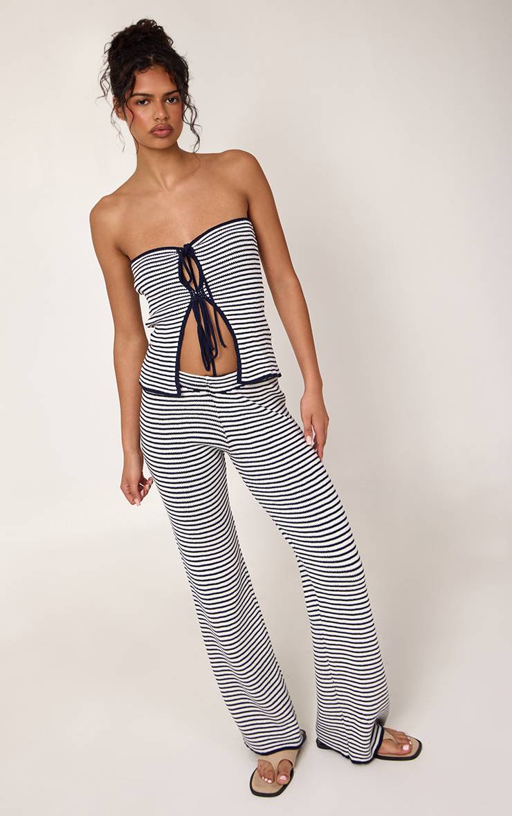 Bleu Marine Haut En Maille Rayé Bustier Avec Nœud Frontal