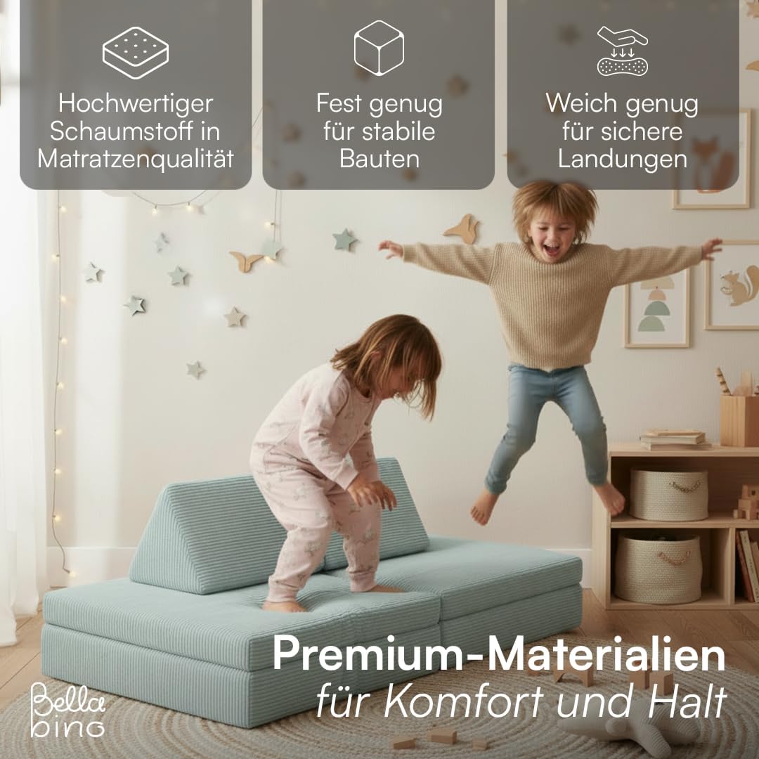 Bellabino Nile Spielsofa für Kinder – Kindersofa Cord in Türkis – Spielesofa aus Schaumstoff Bausteine – modulare Kindercouch ausklappbar – Spielcouch waschbarer Bezug – Sofa Kinderzimmer Kuschelecke