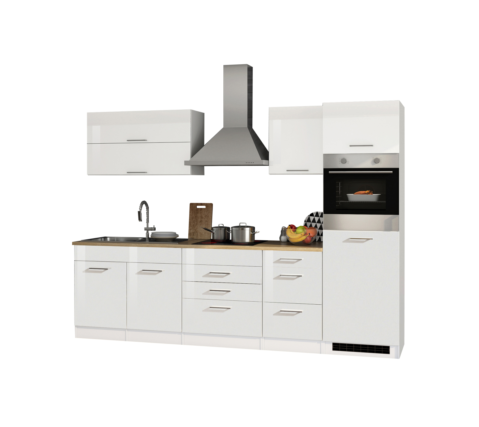 Küchenblock ROM - weiß Hochglanz - mit E-Geräten - 290 cm