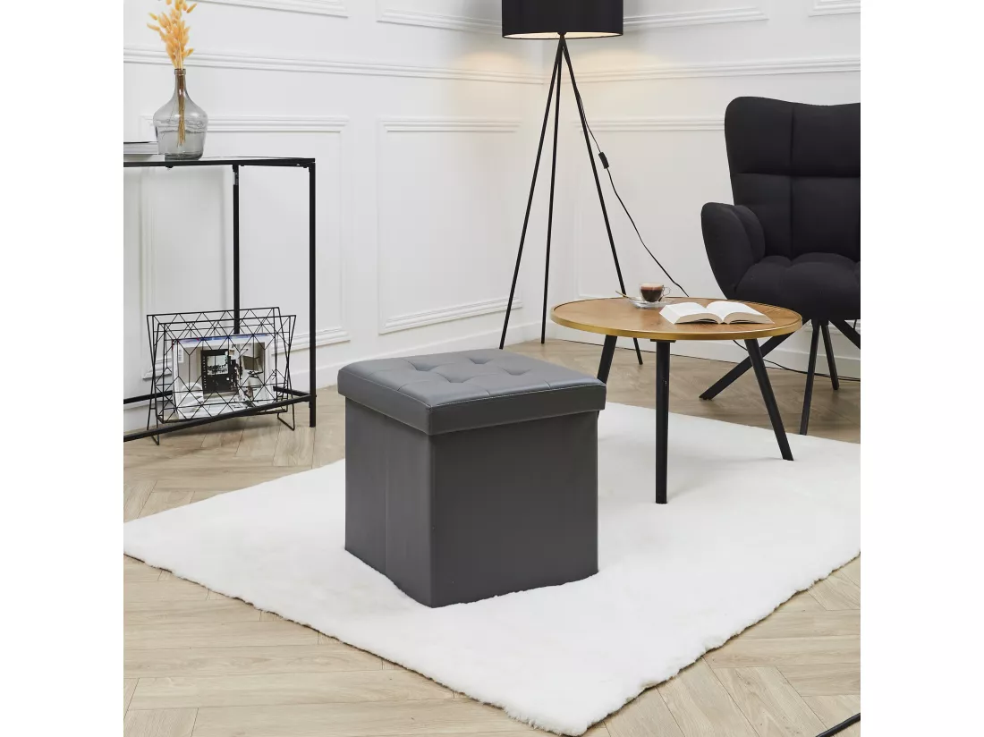 Coffre Pouf Pliable Pu Gris