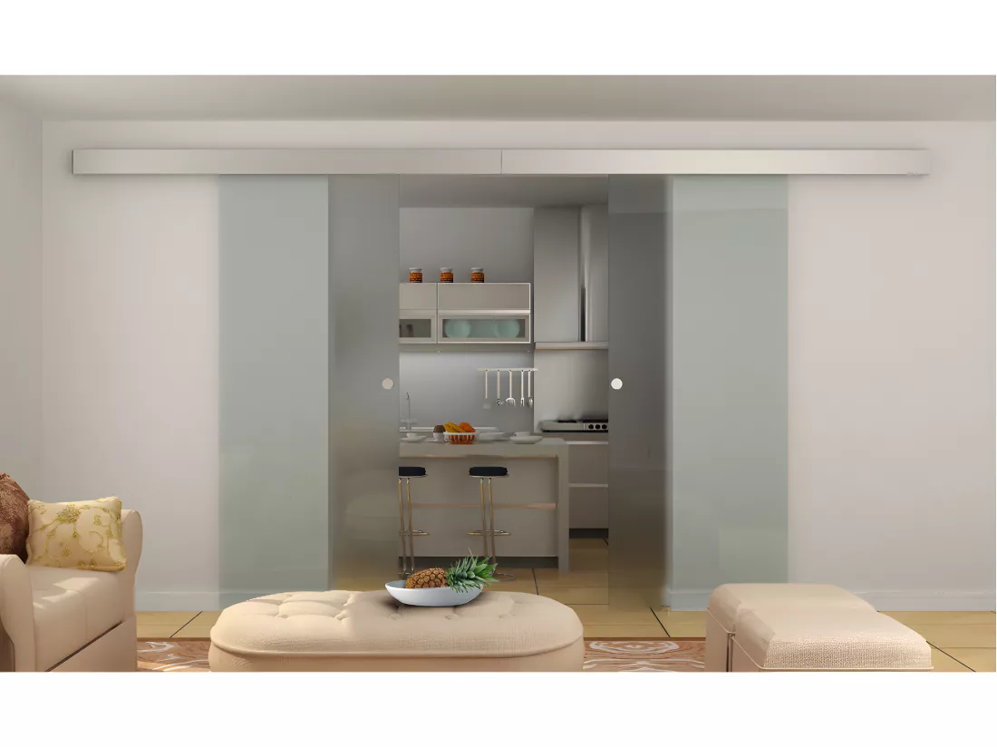 Porte coulissante double avec système en applique - 2 x H205 x L83 cm - Verre trempé dépoli - ALINA