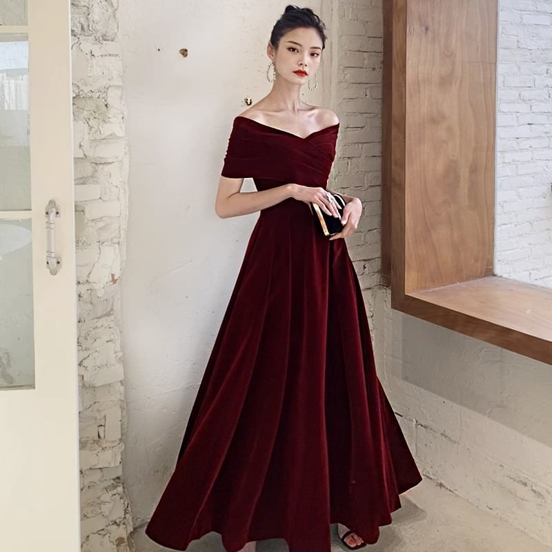 Saunderold - A-lijn avondjurk / cocktailjurk met korte mouwen en off-shoulder, effen en gerimpeld