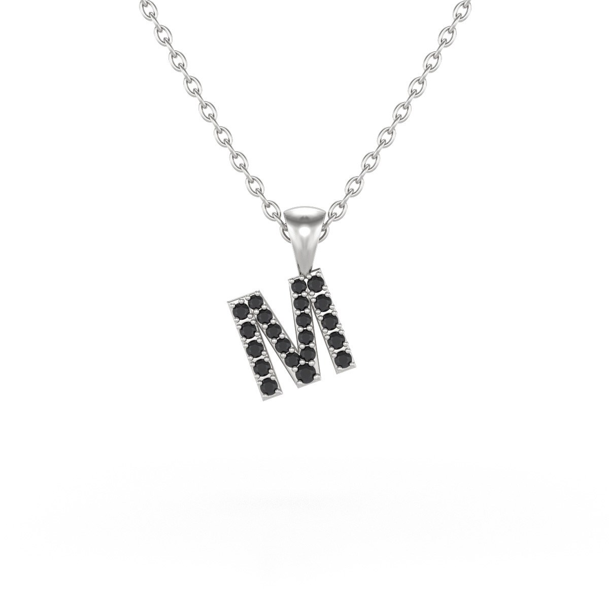 Collier Pendentif ADEN Lettre M Or 750 Blanc Diamant Noir Chaine Or 750 incluse 0.72grs