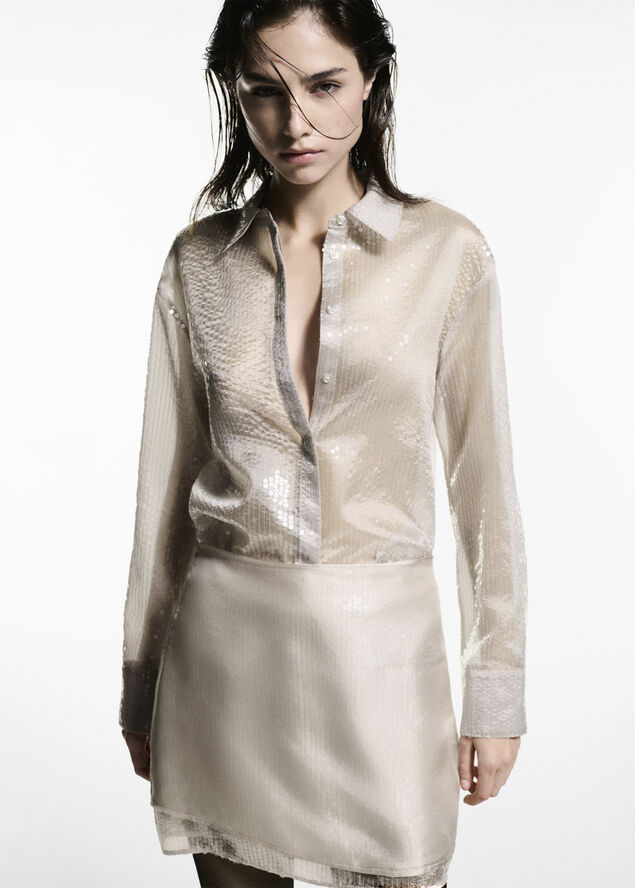 MANGO Semi-transparent sequined shirt Light beige