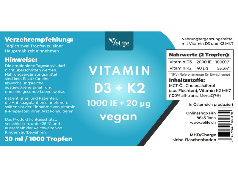 VeLife Vitamin D3   K2 Tropfen vegan 30 ml Vegane Nahrungsergänzung