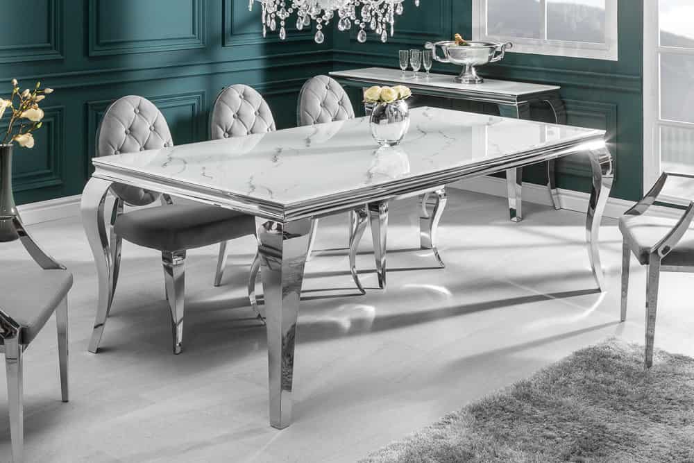 Design Esstisch MODERN BAROCK 200cm weiß chrom Glasplatte Marmor Edelstahlbeine