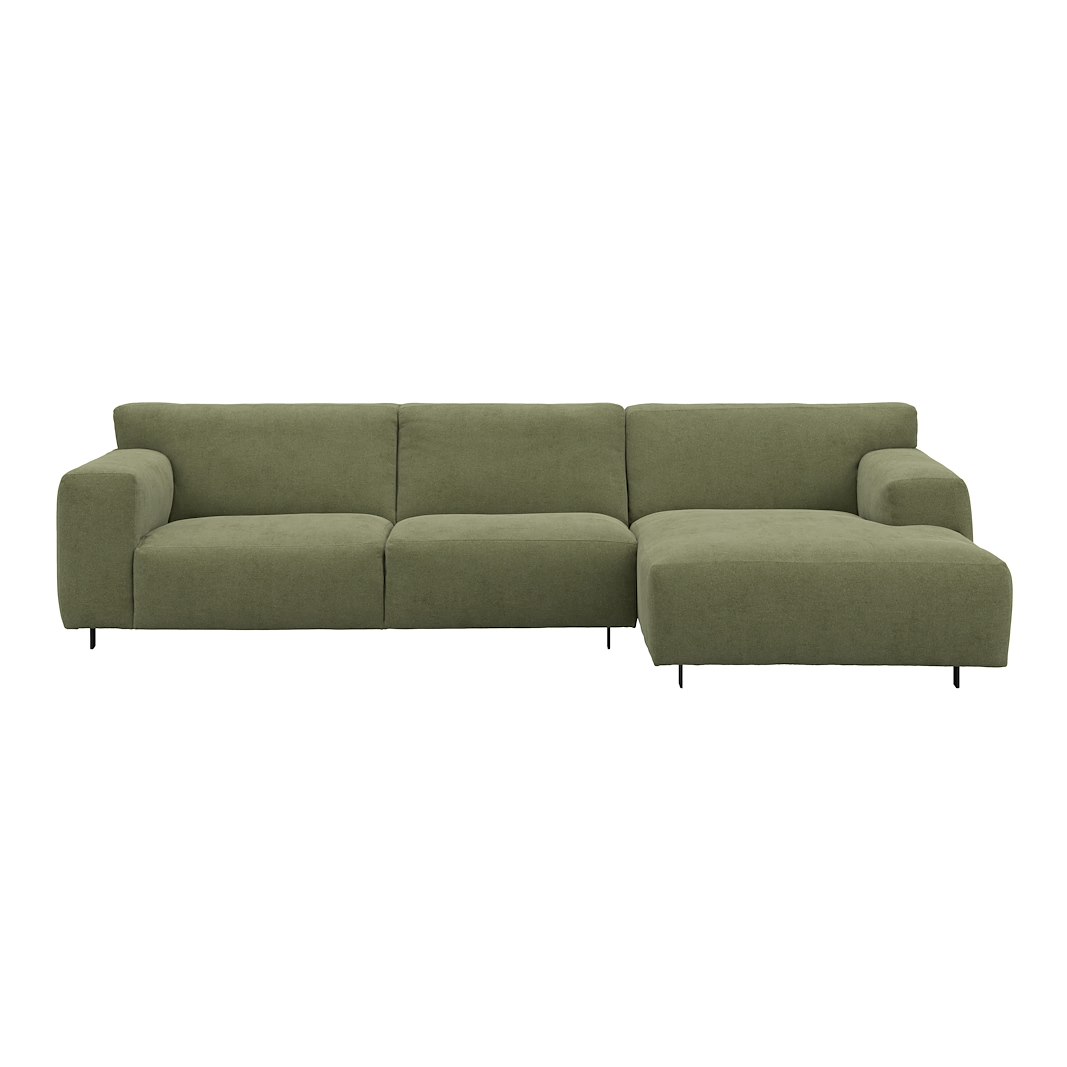 Vesta 2,5-seter med sjeselong høyre I Tekstil Velvety Green, standardsøm, sort metallben 10 cm, Comfort CM