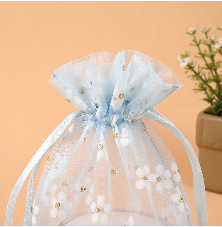 (10er Set) 23x16cm Organza Säckchen Deko Geschenk Beutel mit Kordelzug - Blau / Blumen