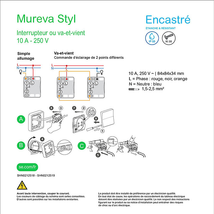 Interrupteur va-et-vient encastré étanche complet Schneider Electric Mureva Styl blanc