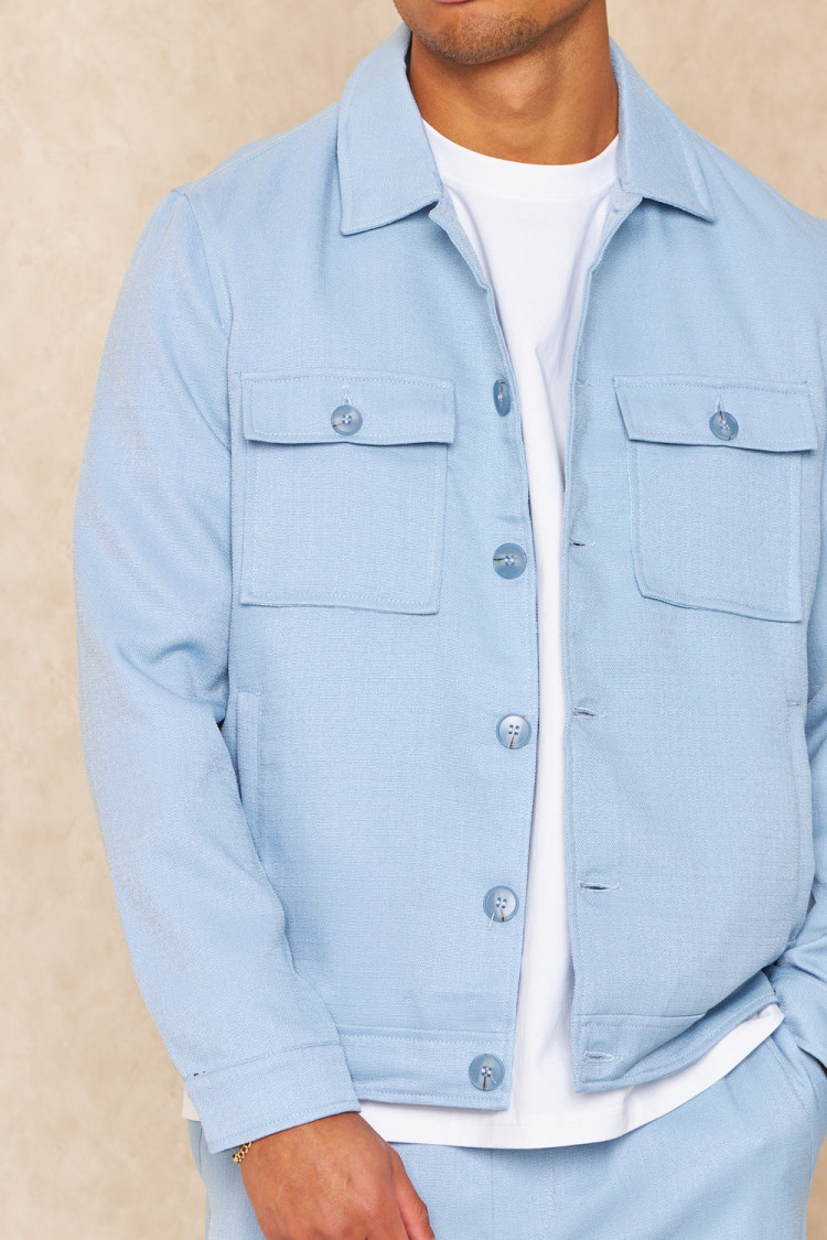 Ensemble 2 pièces surchemise + pantalon texture lin bleu clair