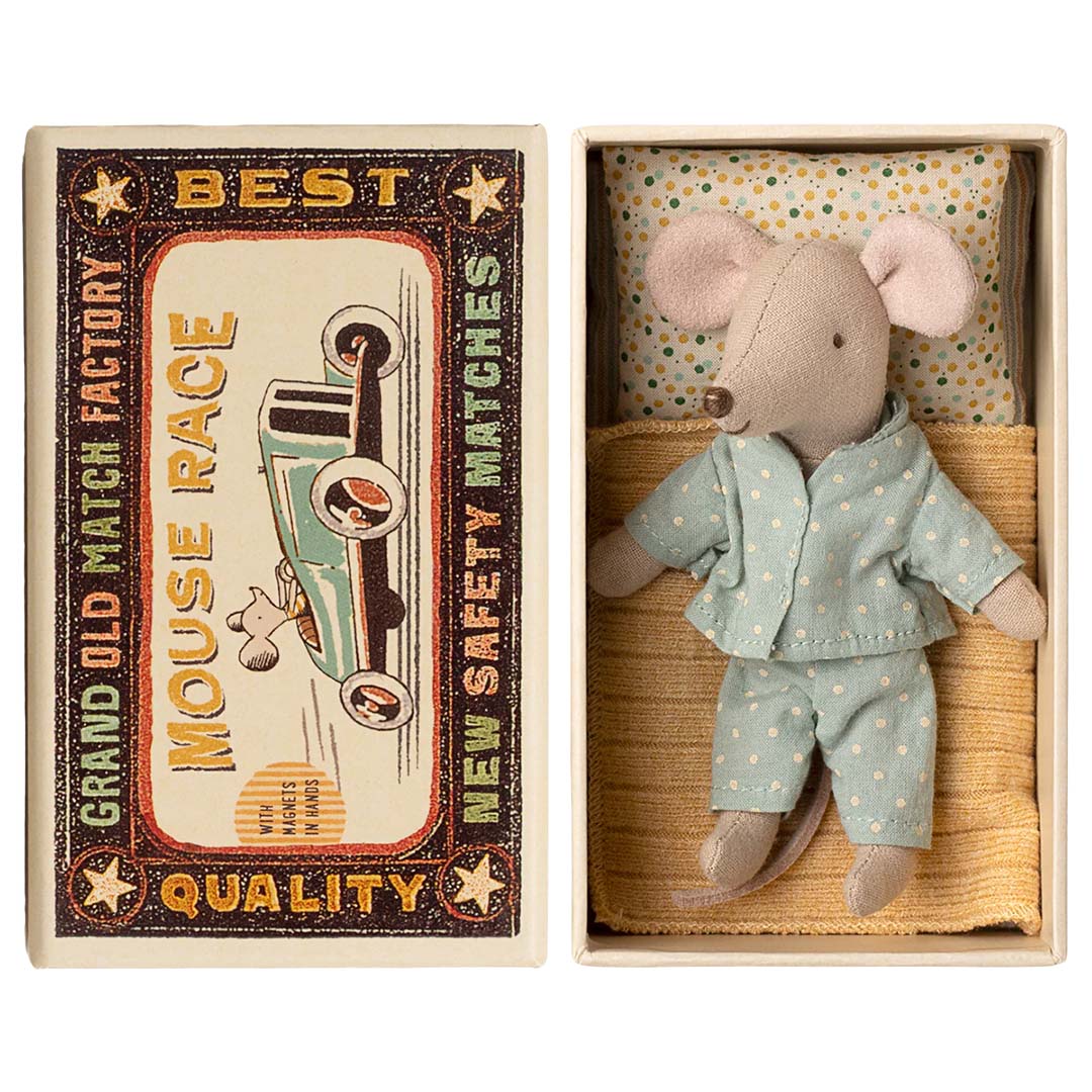 maileg knuffelmuis kleine broer - blauwe pyjama - 11 cm