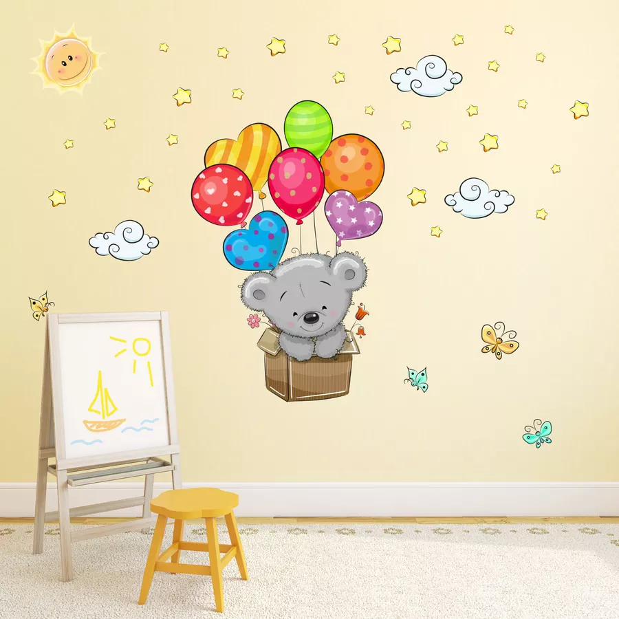 Nikima Wandtattoo 076 Wandtattoo Teddy in Kiste Luftballon Kinderzimmer Aufkleber Sticker bunt
