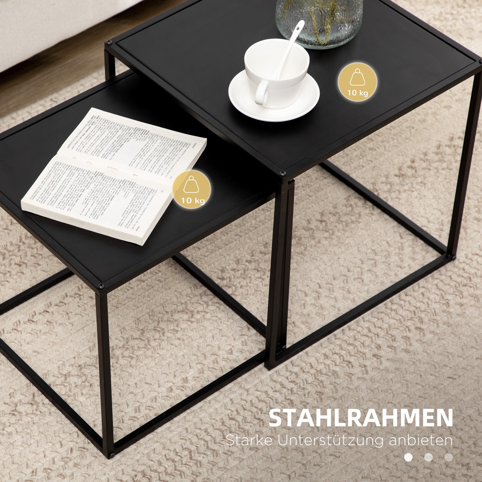 HOMCOM Couchtisch-Set mit Stahlrahmen schwarz 40L x 40B x 40H cm