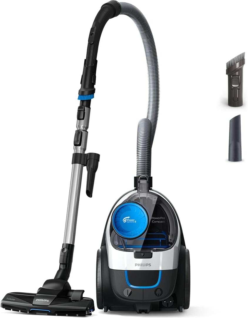 PHILIPS PowerPro Compact Staubsauger – Leicht, Beutellos, 750 W Saugleistung, TriActive Düse Für Hartböden und Teppich, Allergy H13 HEPA-Filter, PowerCyclone 5 Technologie (FC9332/09)