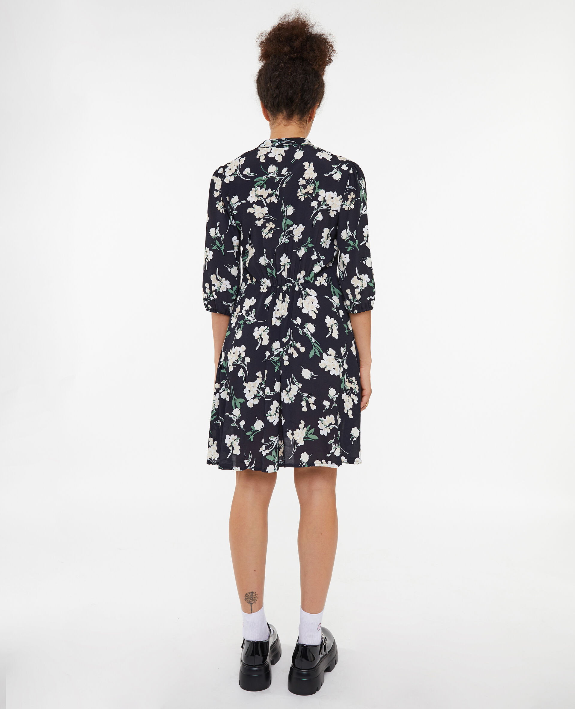 Robe évasée avec col à nouer motif fleurs - Noir