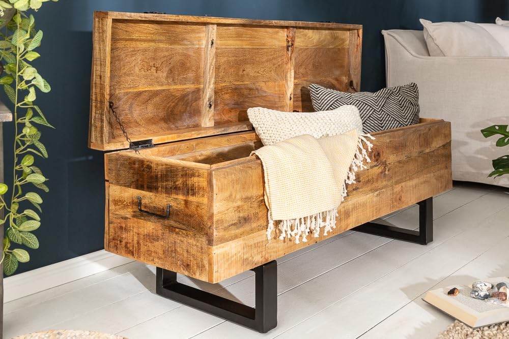 invicta INTERIOR Industrial Truhenbank Factory LOFT 115cm Mangoholz Natur Sitzbank mit Stauraum Holzbank Truhe