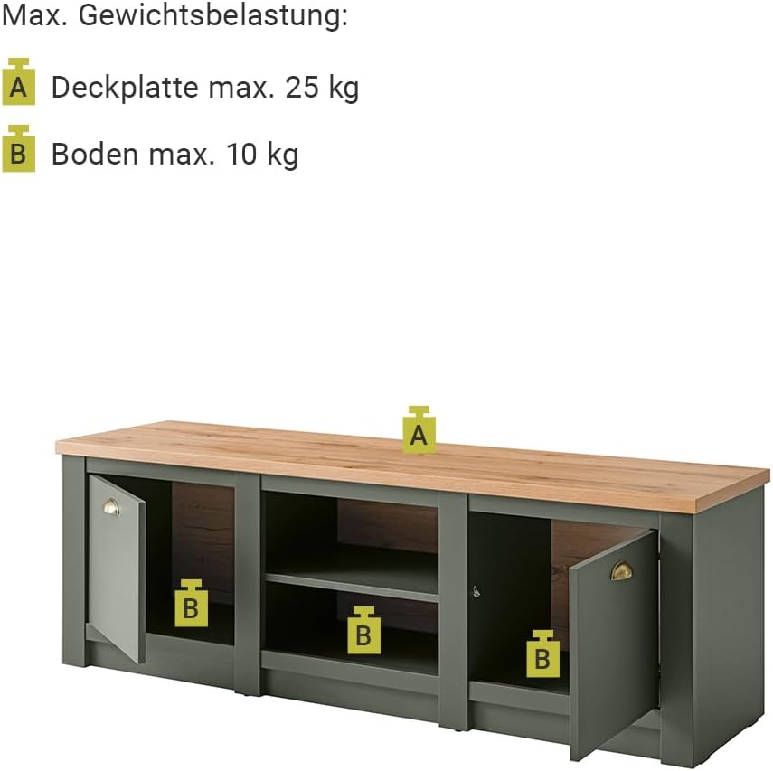 Lomadox Landhaus Wohnwand Komplett Set mit Anrichte & Couchtisch, englisch grün mit Wotan Eiche, mit Beleuchtung