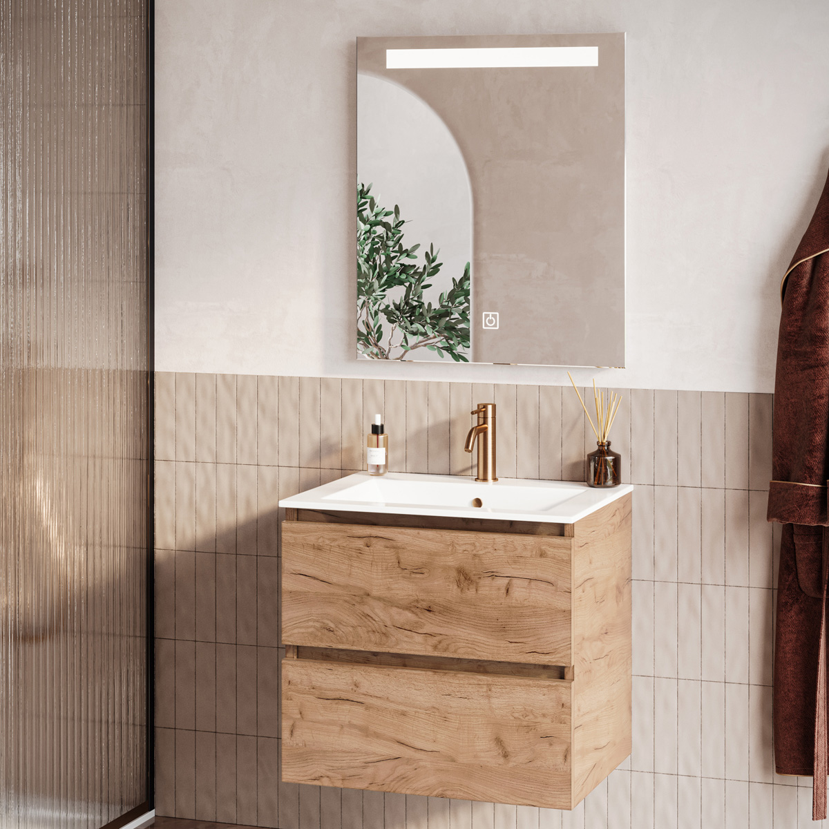 Fontana Rovigo badmeubel 60cm warm eiken met witte wastafel met kraangat en spiegel met verlichting