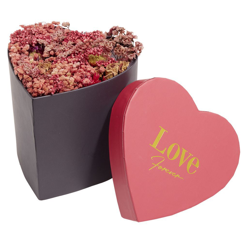 Boîte forme coeur intérieur fleurs séchées 15x15xH14cm