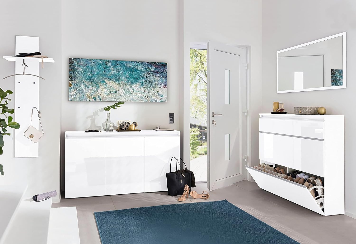 möbelando Schuhschrank Flurschrank Schuhkommode Schuhkipper Schuhständer Flur Magione II Weiß Hochglanz