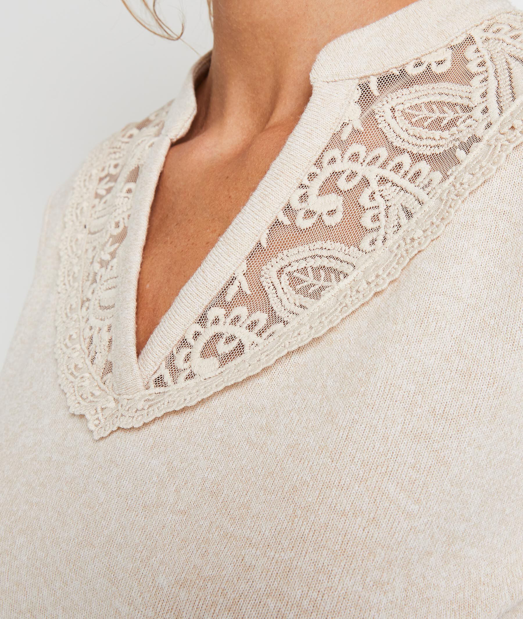 T-shirt col tunisien femme - BEIGE CHINE