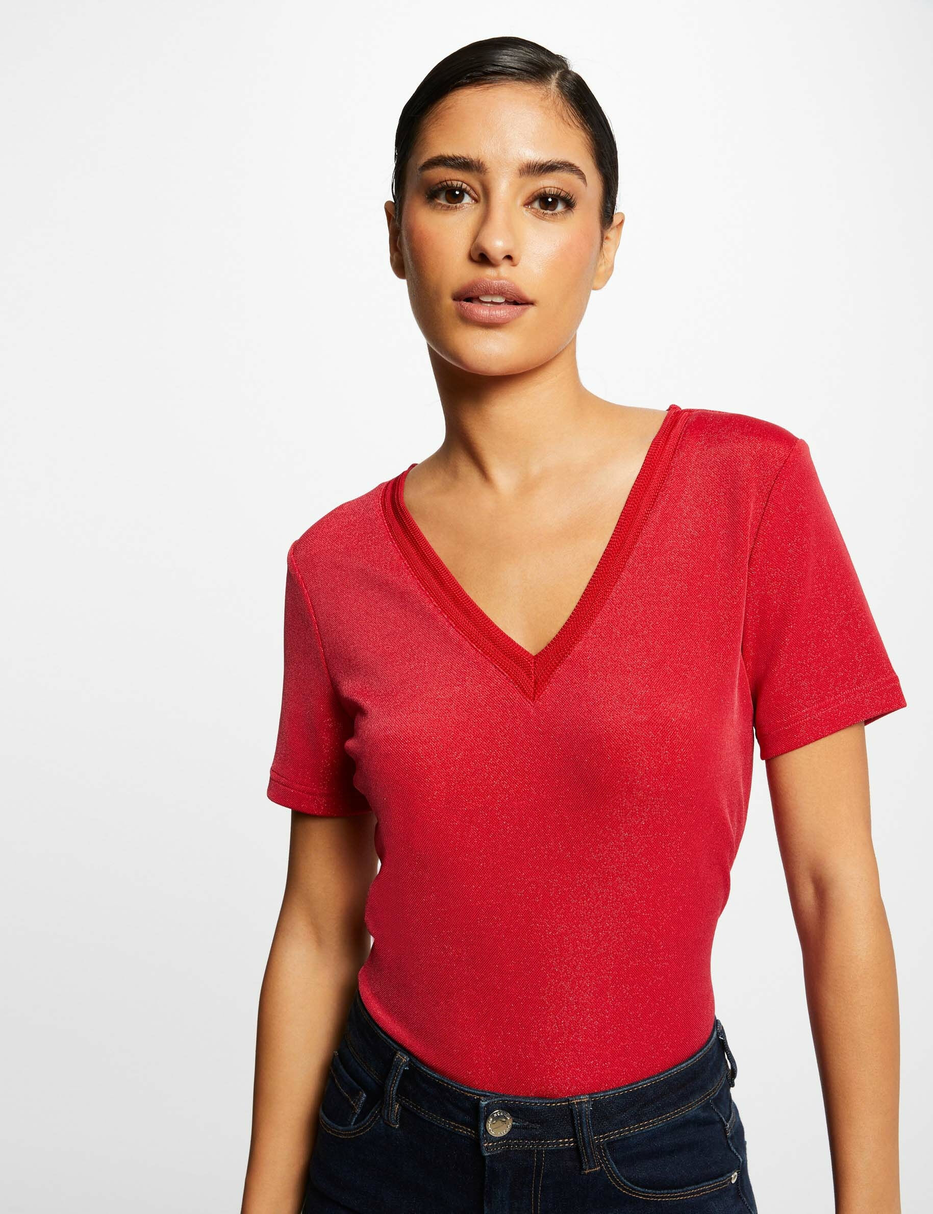 T-shirt manches courtes avec col en V framboise femme - framboise