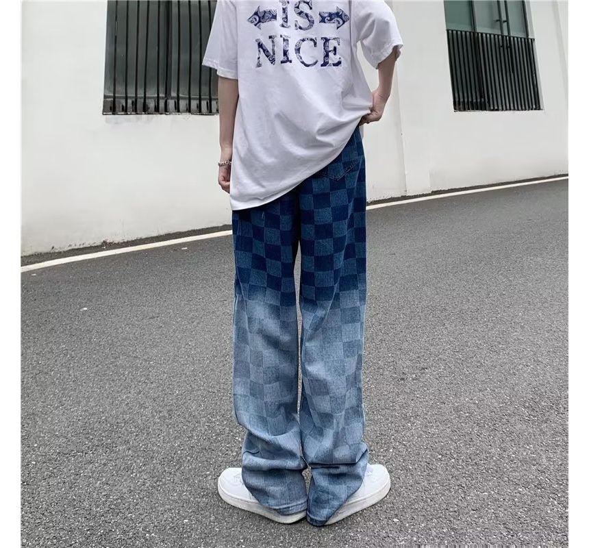 Urtishia - High-waist Gradient Plaid Wide-Leg Jeans