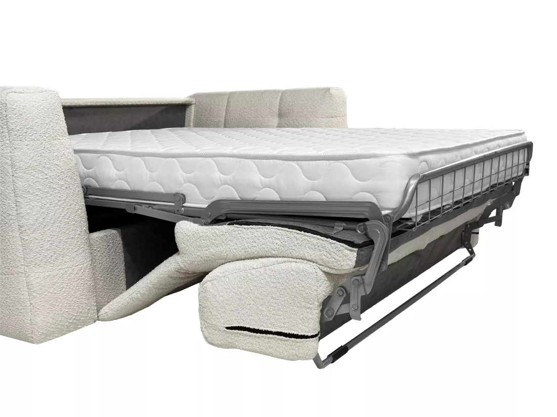Canapé 3 places convertible express en tissu bouclette beige - Couchage 140 cm - Matelas 16 cm DILOME
