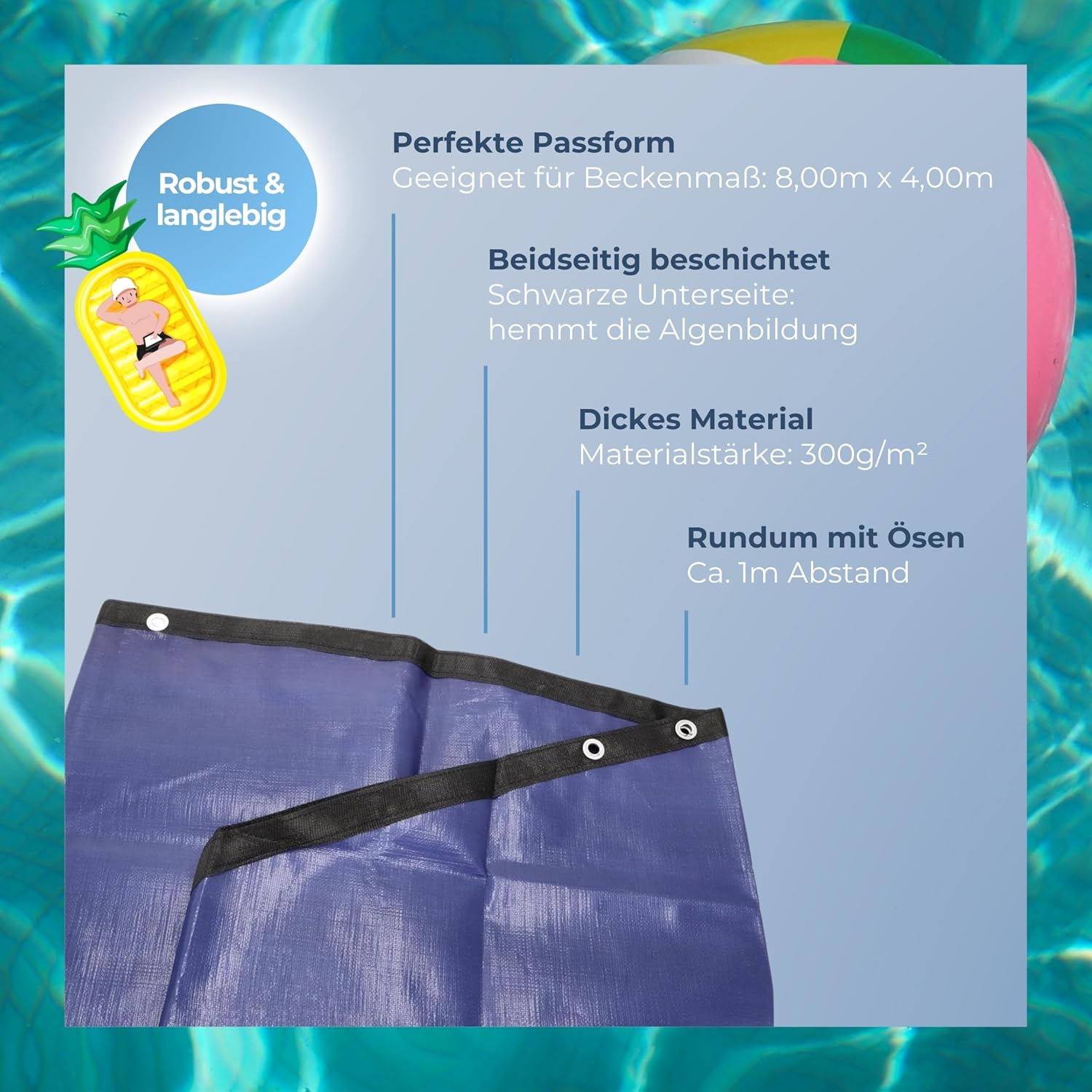 Duraol Poolabdeckung rechteckig I 8,00 x 4,00 m I Hochwertige Poolplane rechteckig mit Materialstärke 300g/m² I Robuste Schwimmbad Abdeckung mit Randverstärkung I Beidseitig beschichtet & wasserdicht