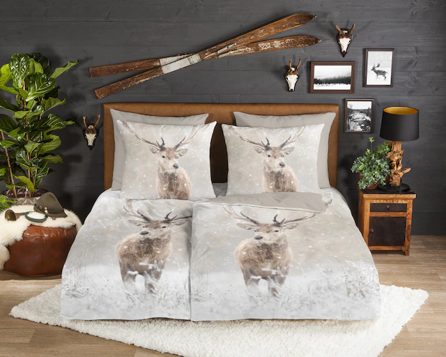 good morning Wendebettwäsche »Snowydeer« 2 Stk. tlg. Flanell, Biber, Baumwolle, Winter, Warm, Wendeoptik, Reh, Hirsch, Sand