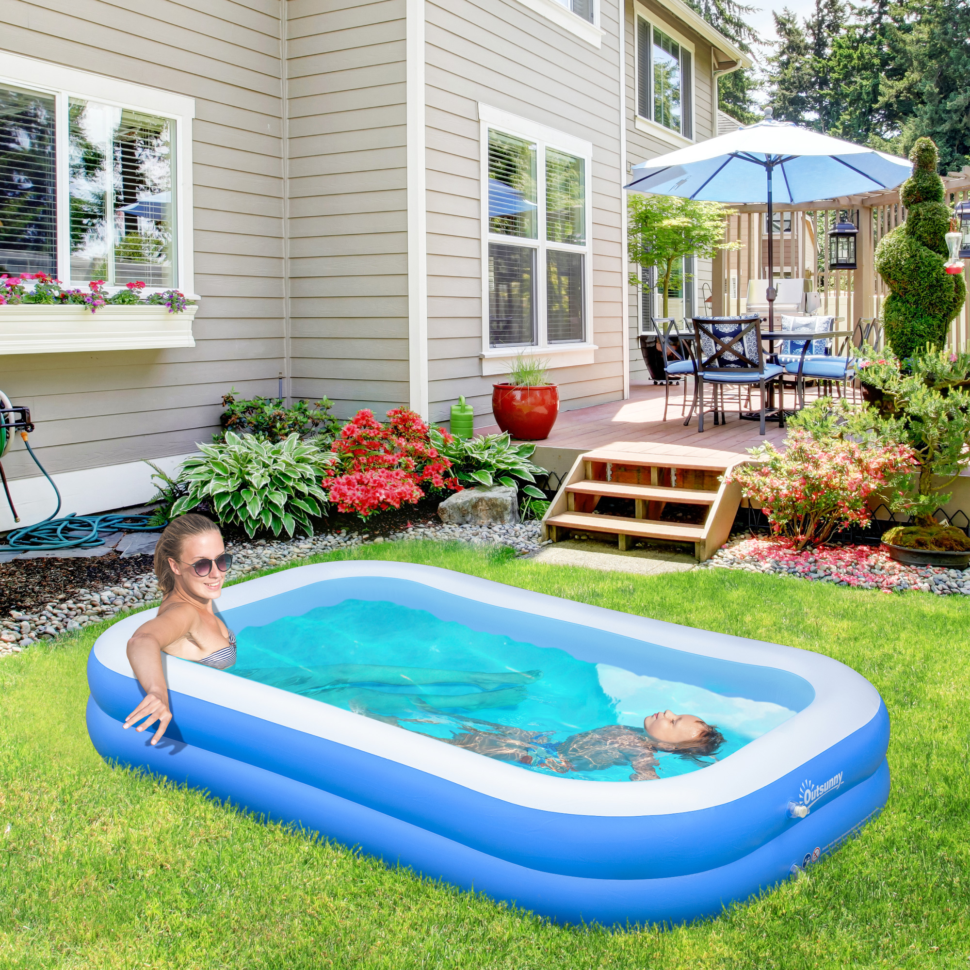 Piscina inflável retangular Outsunny de 1.300 litros (262 x 176 x 56 cm) para 1 a 2 pessoas, piscina inflável familiar para adultos e crianças em jardins, pátios e áreas externas, azul.