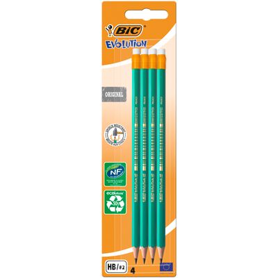 BIC ECOlutions EVOLUTION 655 - Pack de 4 Crayons à papier - HB - embout gomme