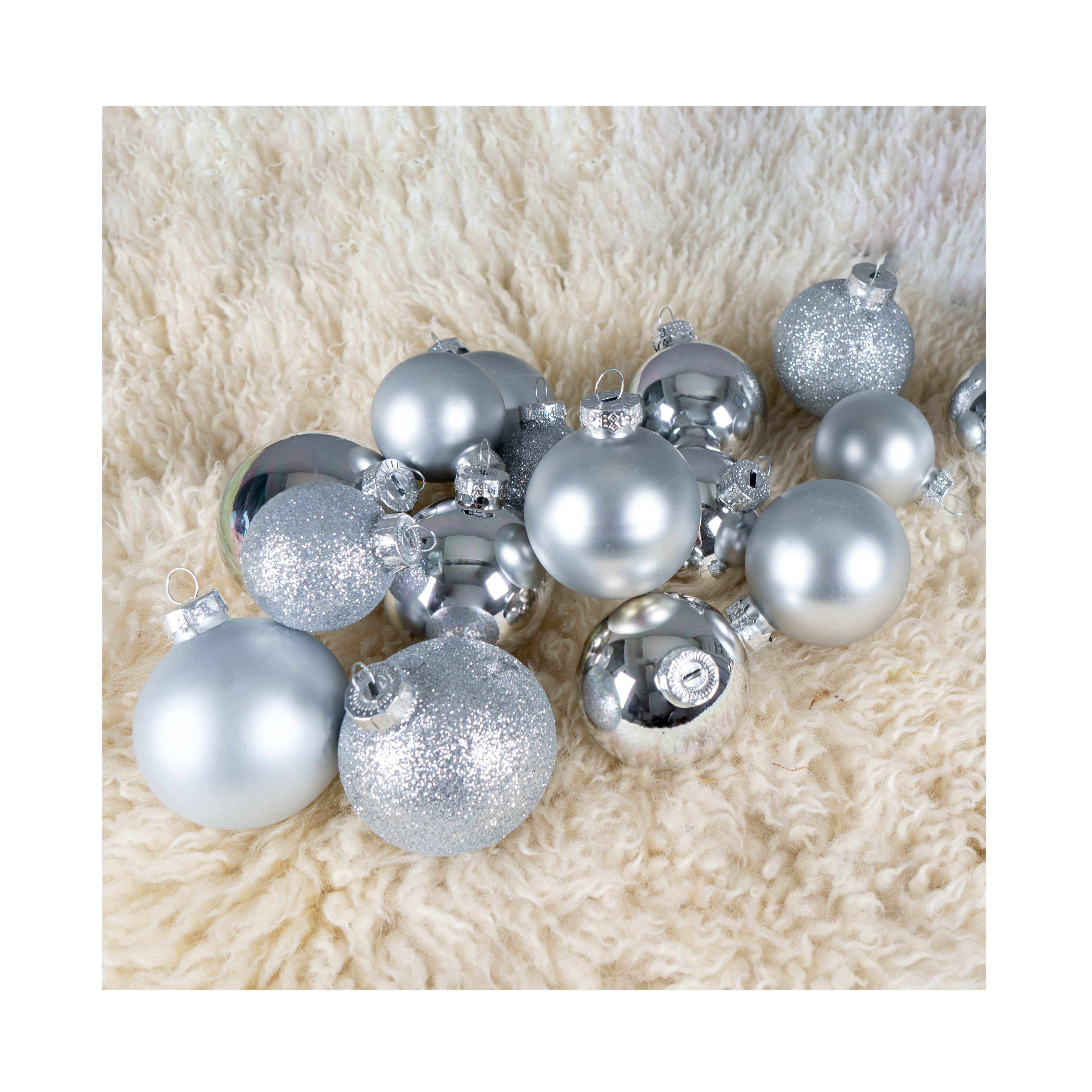 FS-STAR 34 Stück Glas Weihnachtskugeln Set silber, Kugeln Ø 40/50/60mm