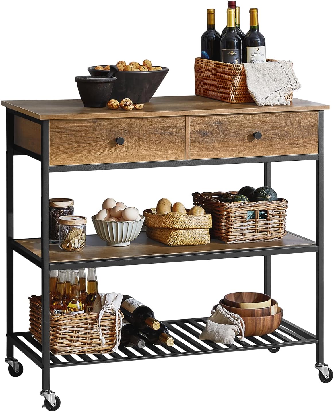 SoBuy Küchenwagen Servierwagen Küchenregal mit 4 Rollen Kücheninsel Flurschrank Sideboard Beistelltisch mit 2 Schubladen und 2 Ablagen Rollwagen Industrie-Design BHT ca.: 100x93x45cm FKW112-PF