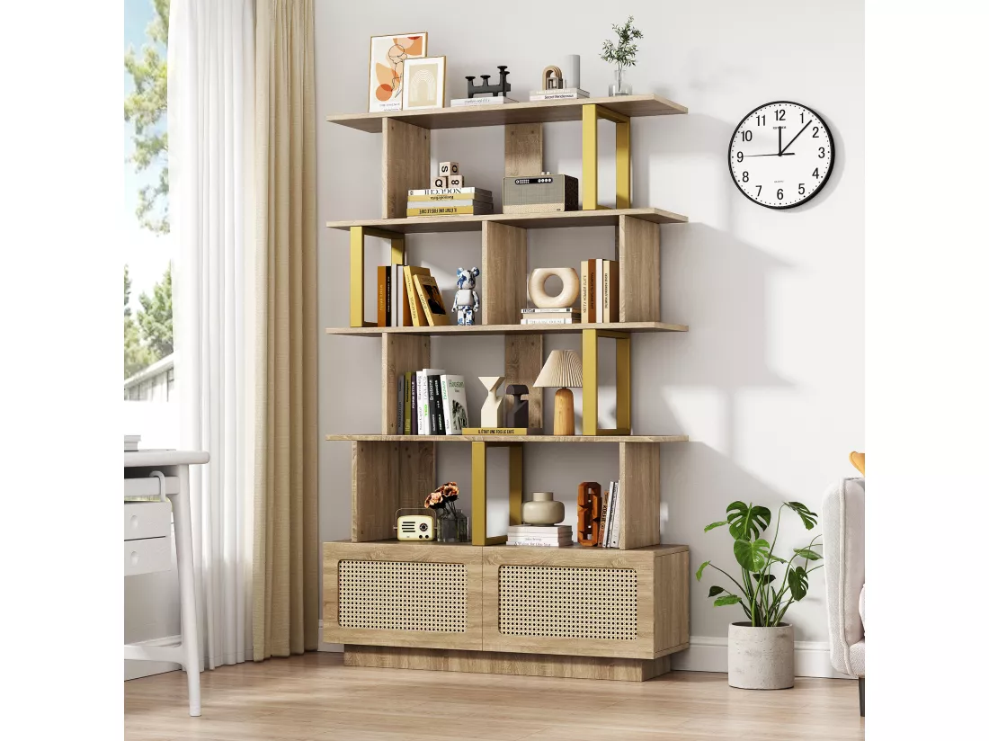 Bibliothèque avec 2 portes en rotin et étagères ouvertes - 105 x 31,7 x 160 cm - Panneaux de particules et métal - Chêne