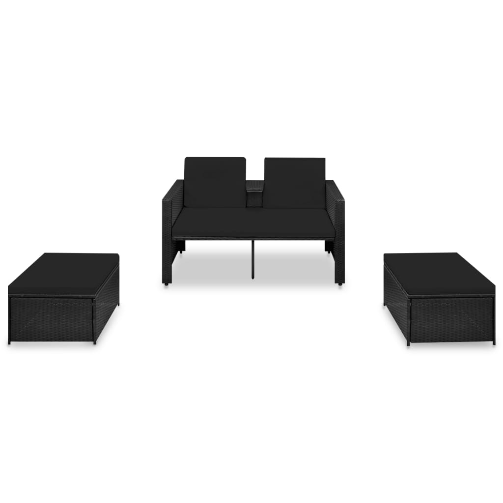 Salon de jardin meuble d'extérieur ensemble de mobilier 3 pièces avec coussins résine tressée noir