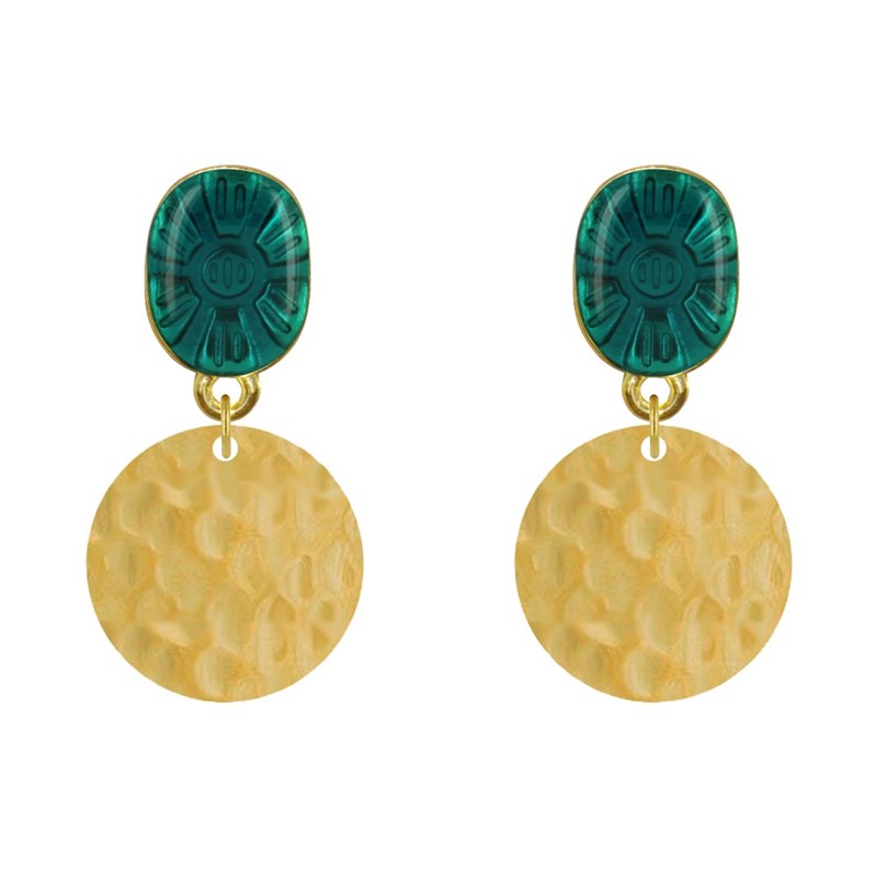 Boucles d'Oreilles Laiton Doré Ovale Soleil en Résine et Pastille Martelée